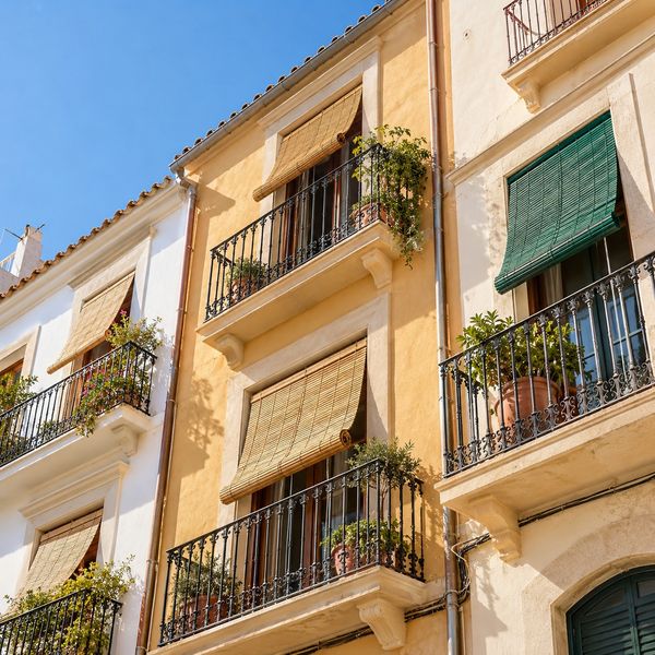 Fachada de una calle costera con persianas alicantinas en los balcones
