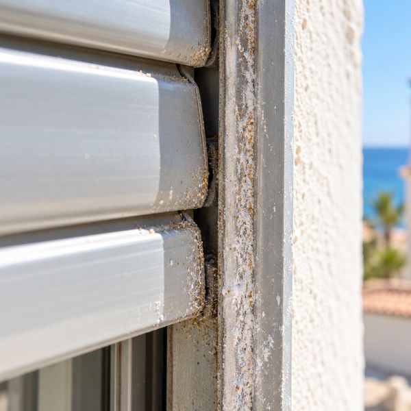 Detalle de la guía lateral de una persiana con restos blancos de salitre